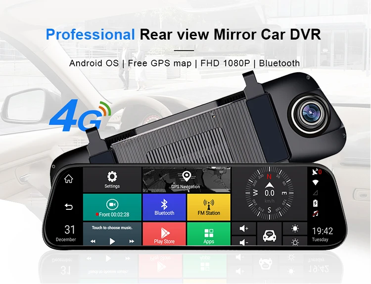 Hawkeye Car Mirror Camera 10 inch Dash Cam Touch Screen Wide Angle Night Vision Mirror DVR with Camera Rearview Video Record