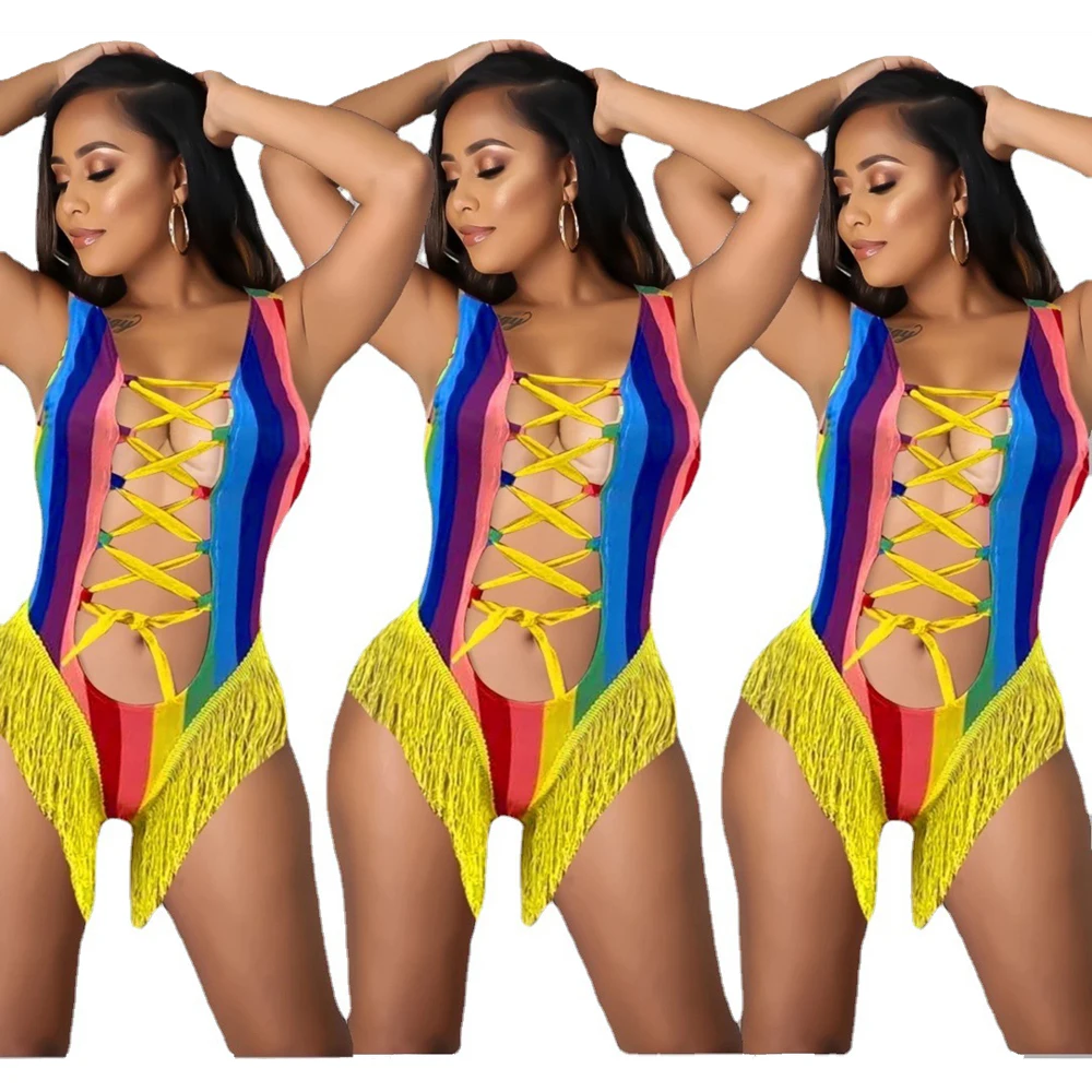 

New Arrivals Rainbow Bandage Bodysuit Tassel Cutout One Piece Bikini, Rainbow print