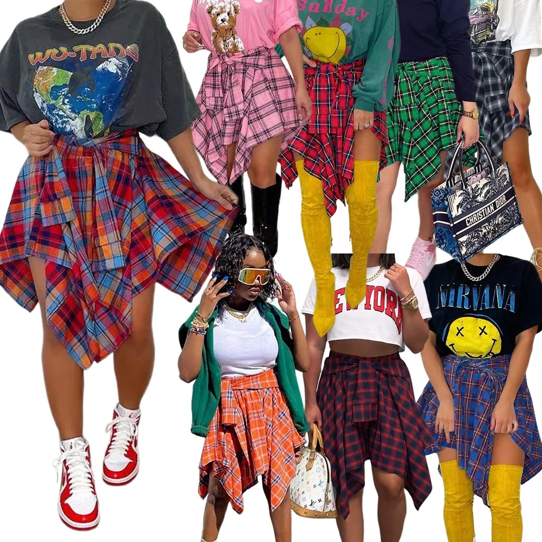 

2022 New arrivals fashion girls irregular pleated skirt short women summer plaid bandage skirt, 8 colors