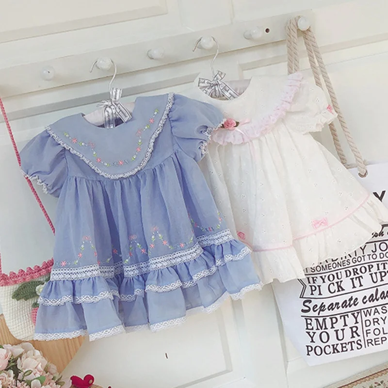 

infant vintage toddler baby girls spanish dresses blue embroidery cotton lolita wholesale children's clothes boutiques