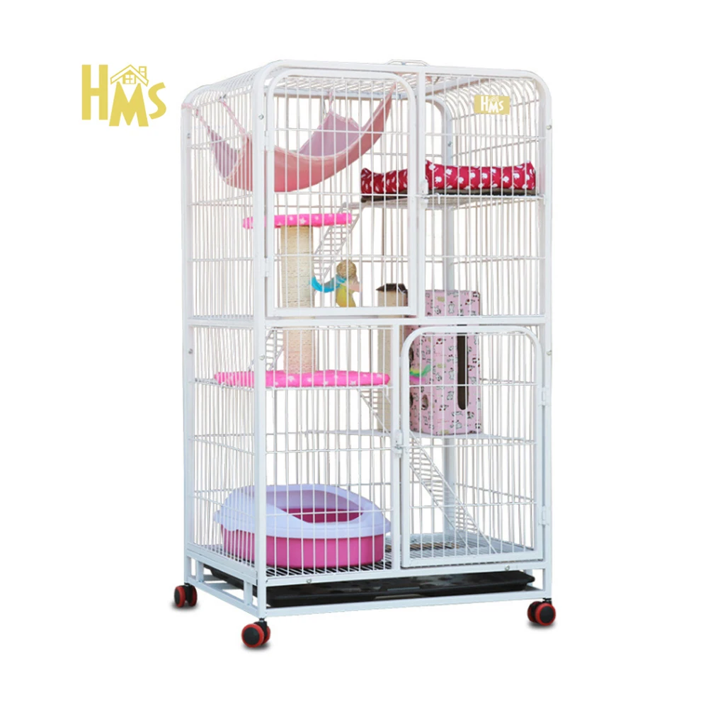 

HMS Pet Cage Wholesale Custom High Quality Trolley Big Iron Cat Cage With Stairs Wheels, Black pink white