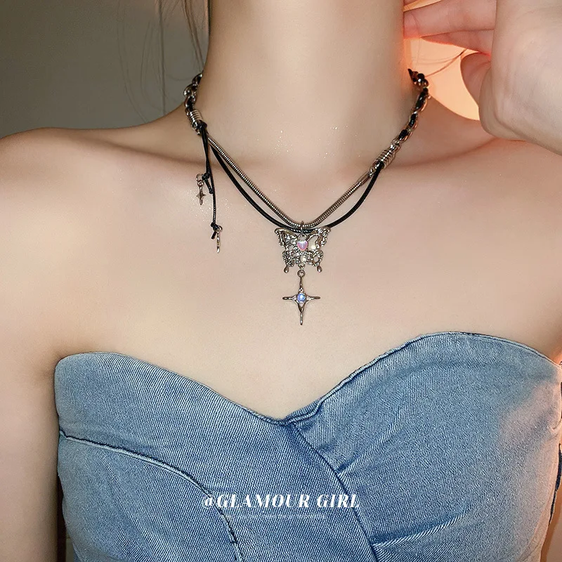 

New Chinese butterfly hollow star pendant necklace small cross pendant black leather necklace women