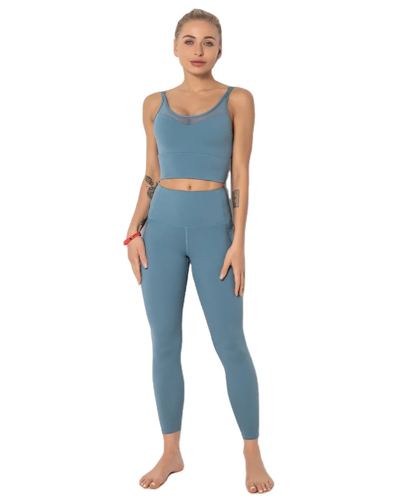 

High Quality Yoga Sets Fitness Women Mesh Fixed Cup Sports Bra And Anti Cellulite Leggings Plus Size Workout Clothing, Customized colors