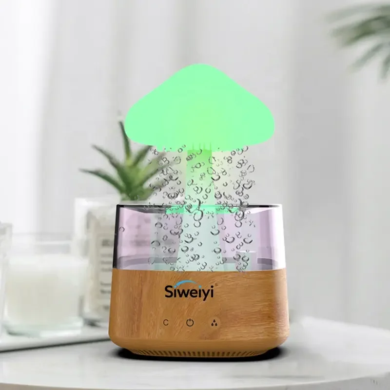 

OEM logo 450ml rainy humidifier White noise 7color light change with rain sounds Rain cloud humidifier wooden rain humidifier