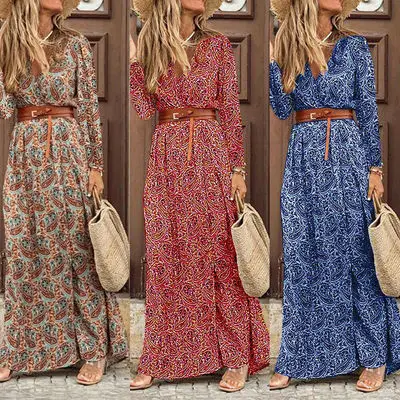 

Women Boho V-Neck Long Dress Spring Fall Casual Printing Long Sleeve High Wait Split Maxi Dress Ladies Hot Party Vestidos