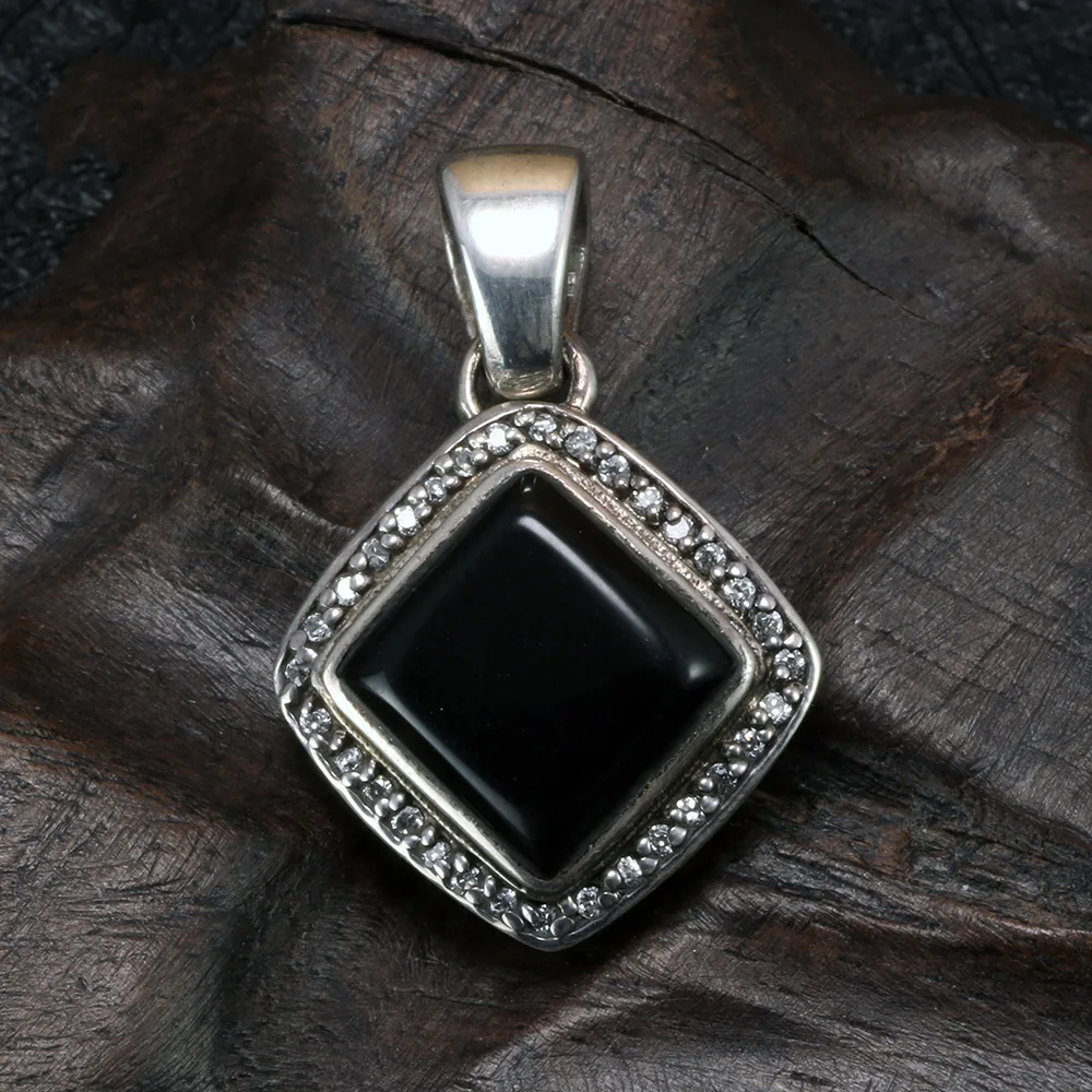 

925 Sterling Silver Pendant For Women Natural Black Onyx Square Shape Antique Thai Silver Micro Paved CZ Fashion Jewelry