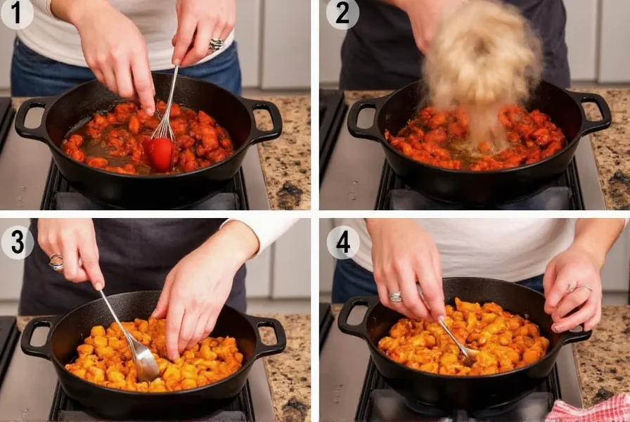 Step-by-step preparation of Lindy's chili showing spice blooming technique in cast iron pot