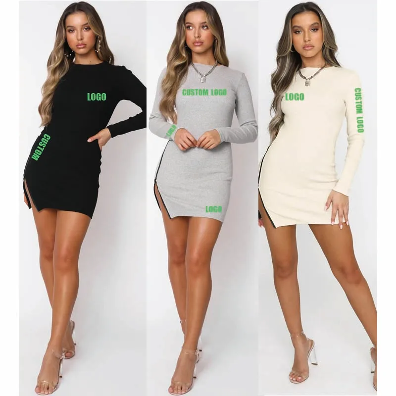 

Free Shipping Women with zippers wear long-sleeved solid-colored hip-hugging dresses