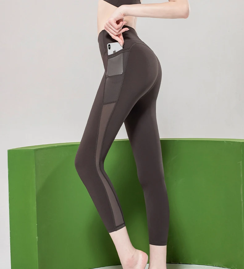 

The spot!New European and American mesh splice high elastic hip movement tight waist waist pocket yoga pants women Custom LOGO