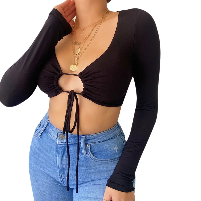 

New urban leisure long sleeve crop top lace-up cutout long sleeve slim fit sexy ladies' blouses for women, Customized color