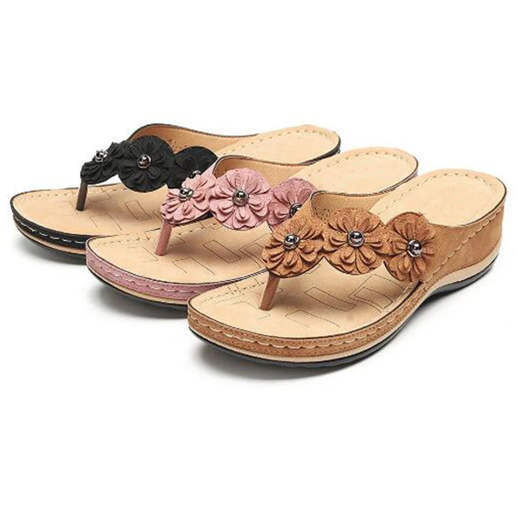 

SD-91 2021vintage bohemia floral decortaed PU leather comfortable thick sole antiskid flip flop for women summer outdoor sandal, Picture show colors