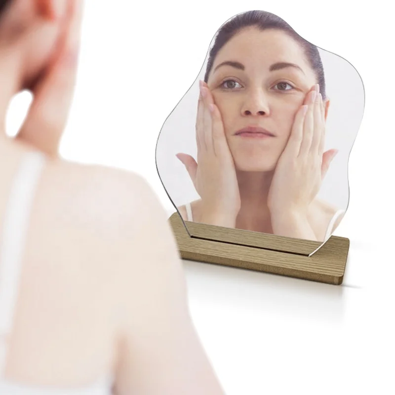 

Makeup Mirror Ins Irregular Acrylic Decorative Mirror Wooden Base Cosmetic Beauty Tools Vanity Mirror
