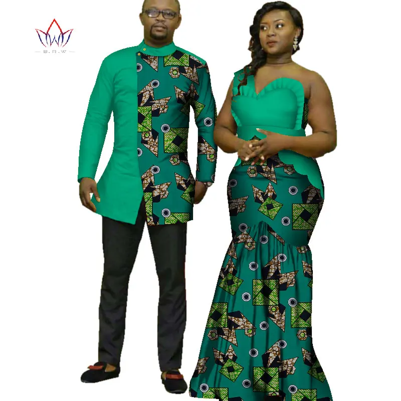 

2021 African Print Clothes for Couple Dashiki elegant lady party Dresses and men shirts cotton African Clothing WYQ125