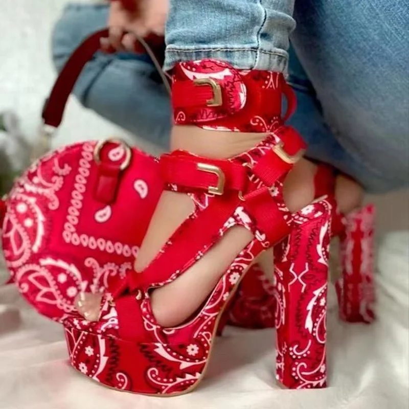 

Hot Bandanna Shoes Designer Bag Sets Summer High Chunky Heeled Ankle Strap Women Sandals Red Black Blue Big Size 43, Black, red,blue