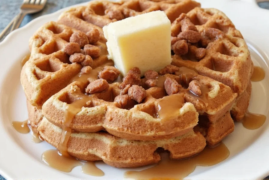 Professional chef pouring cinnamon sugar filling between waffle batter layers in commercial waffle iron