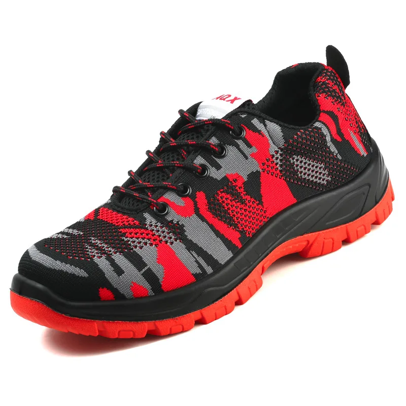 

Safety Shoes Summer Breathable Fly knit Light Weight Camouflage Steel Toe Labor Protection Shoes, Red green grey