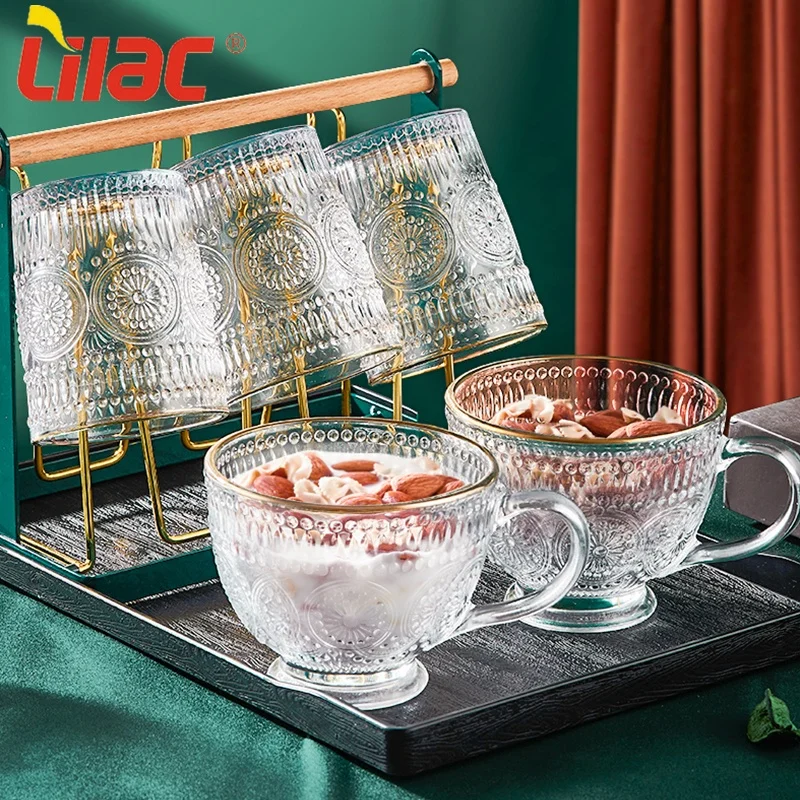 

Lilac Free Sample 420ml/300ml customize glamorous design golden rim transparent glass cup gold coffee mug with gold rim