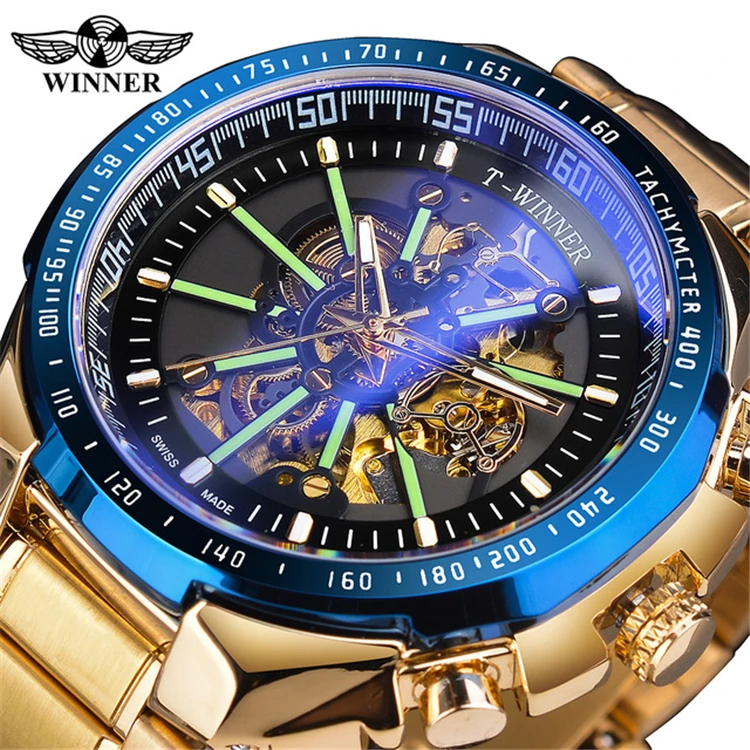 

Winner GMT1190 Blue Light Glass New Fashion Mens Watches Golden Stainless Steel Waterproof Sport Automatic Watch Luminous Clock