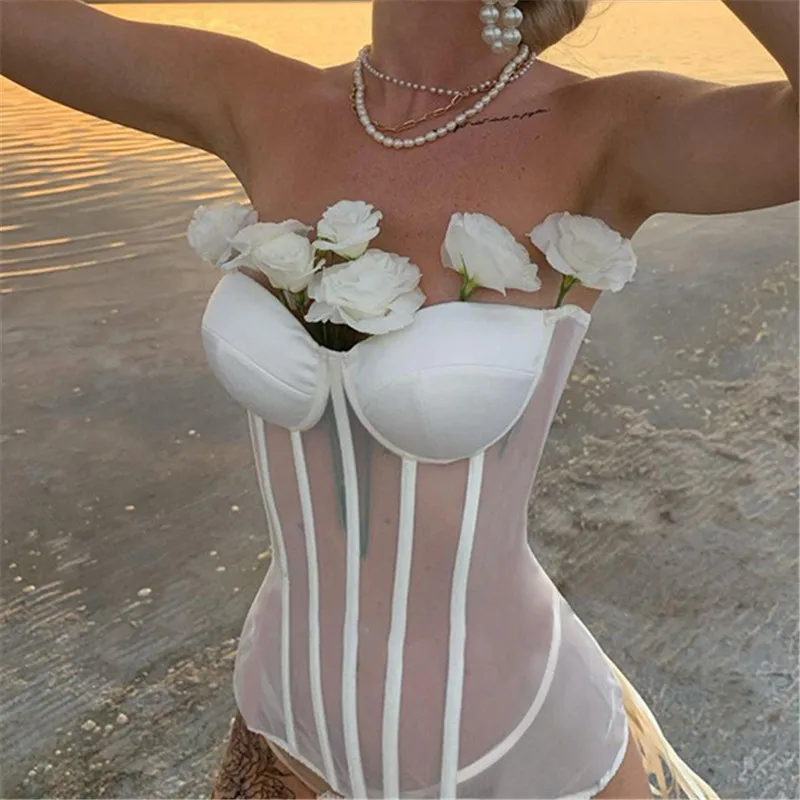 

Tube Top 2021 Corset Mesh Gauze Waist Bra Satin Stitching Lace-Up Slim Fit Inner Tube Top Corset Top Women Sexy, Customized color