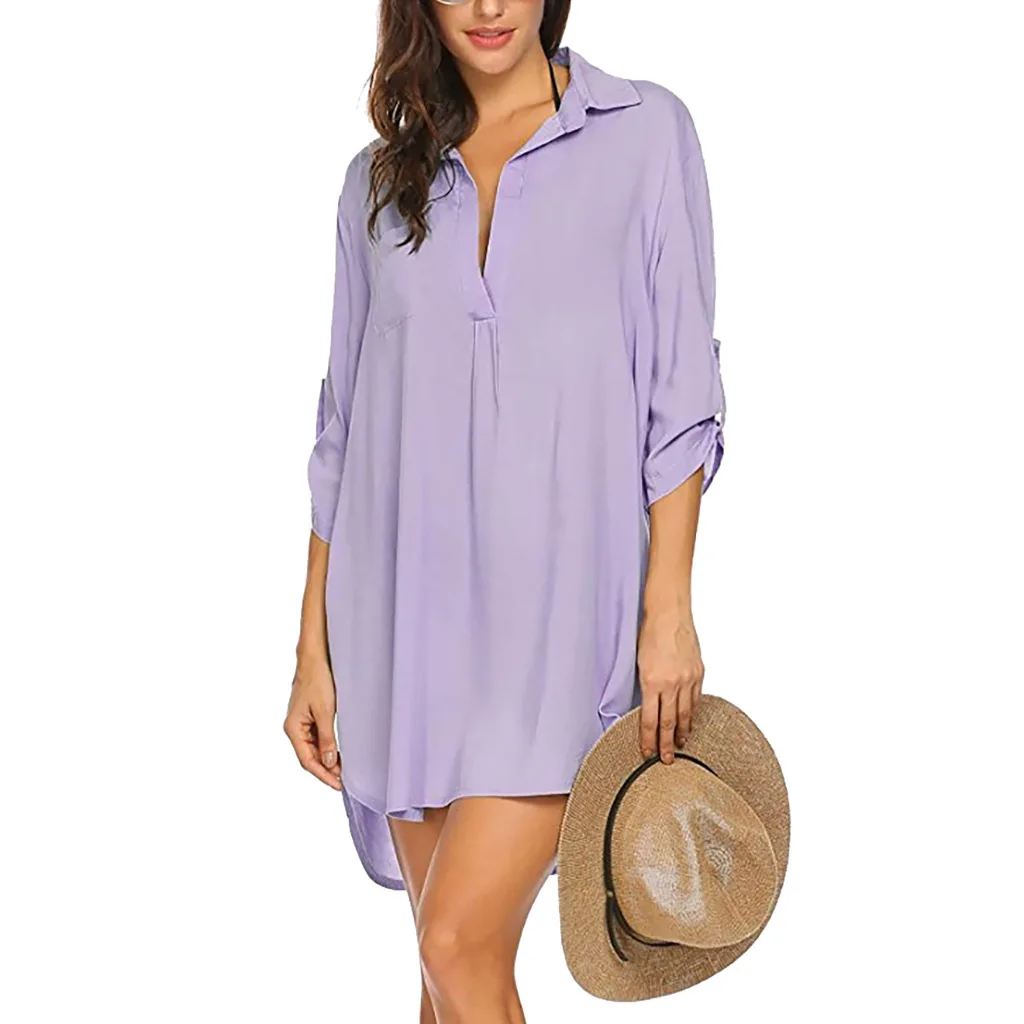 

Summer 2021 New women's clothing v-neck blouse solid color beach skirt sunblock swimsuit smock lady Fashion Casual shirt dress, Shown