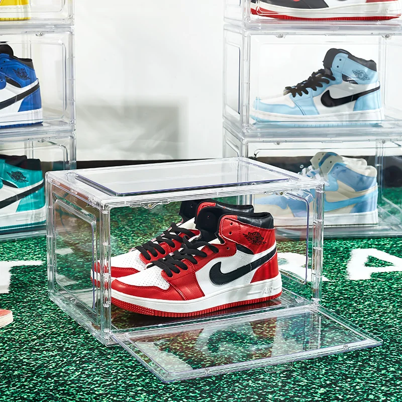 

Stackable sneaker crate shoe box shoebox storage plastic clear drop side magnetic door AJ Folding storage transparent