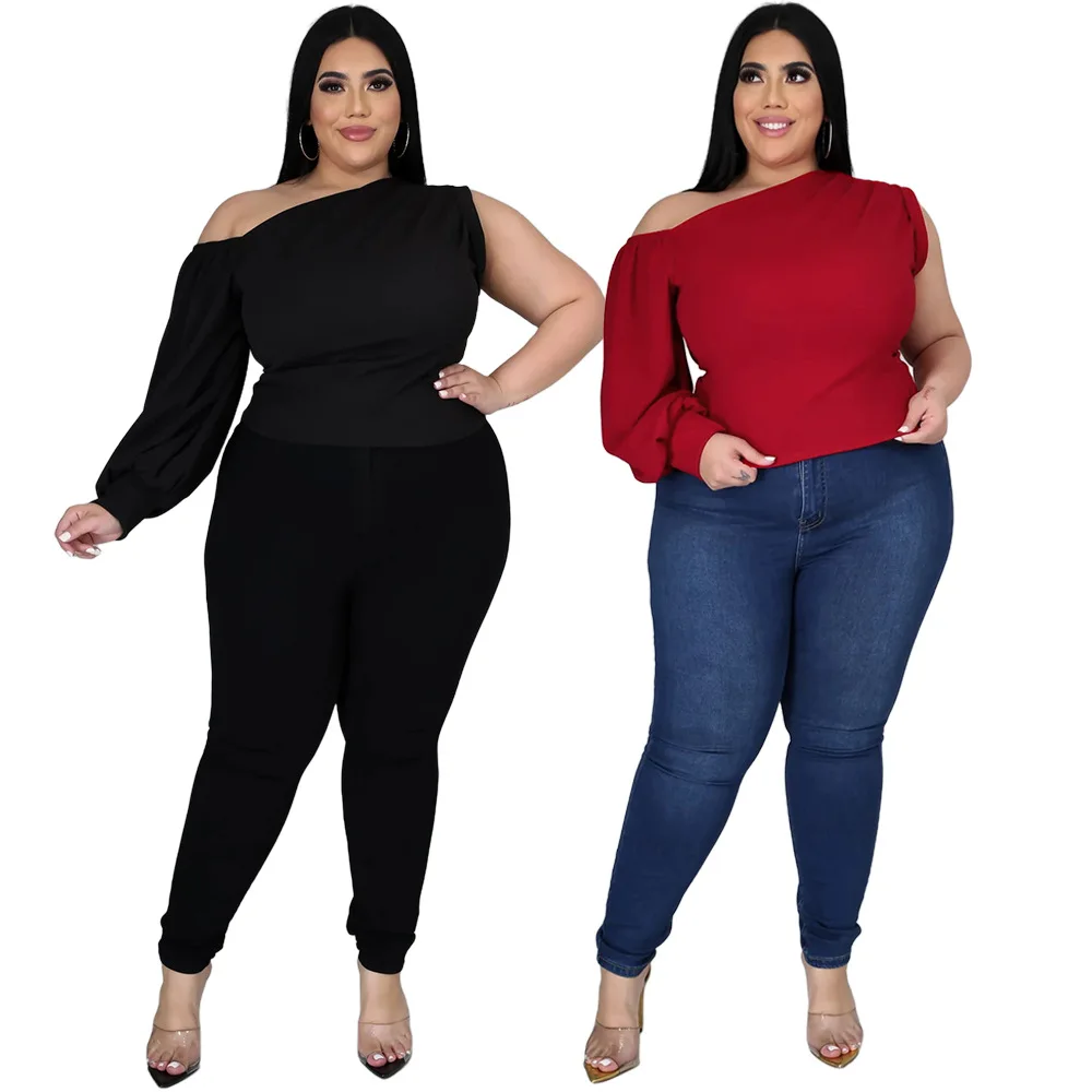 

2021 new design full sleevess 5XL plus size Oblique shoulder big size women clothes, Printed