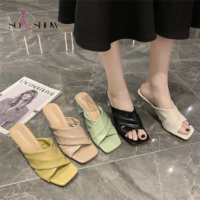

2021 good quality solid color clear heel shoes slippers for ladies and ladies