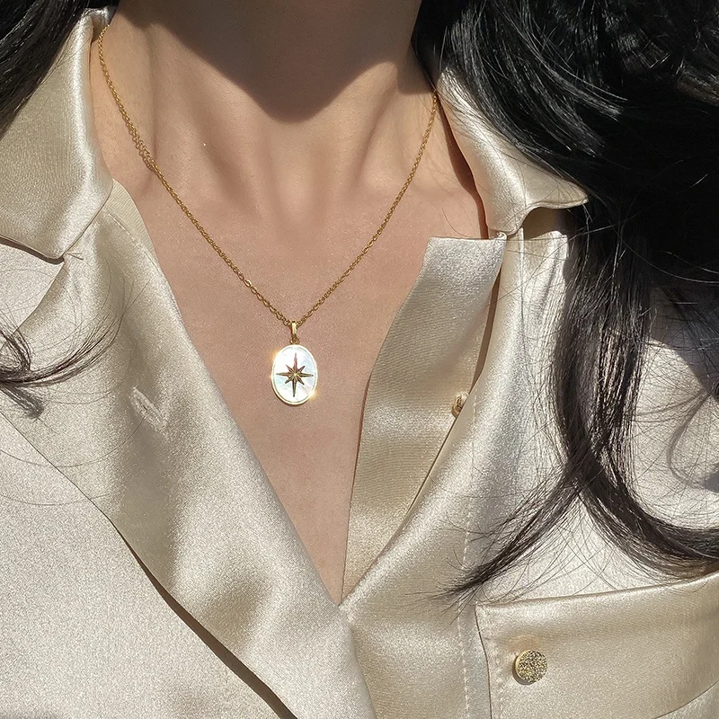 

INS Trendy Oval Shape Stainless Steel 18K Gold North Star White Shell Necklace
