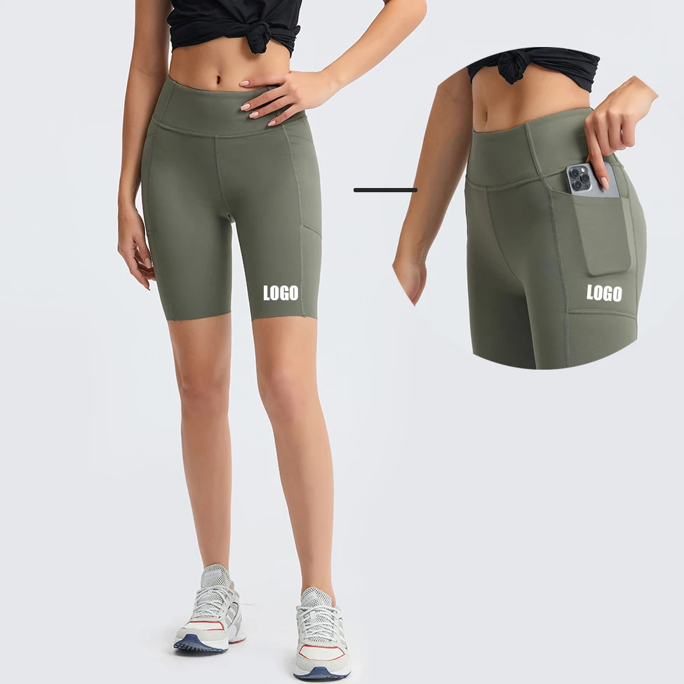 

2021 female quick dry breathable solid color leisure training fitness biker shorts with side pockets