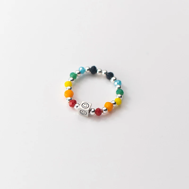 

Square Smiley Colorful Bead Ring for Women Girls 100% Real 925 Sterling Silver Jewelry