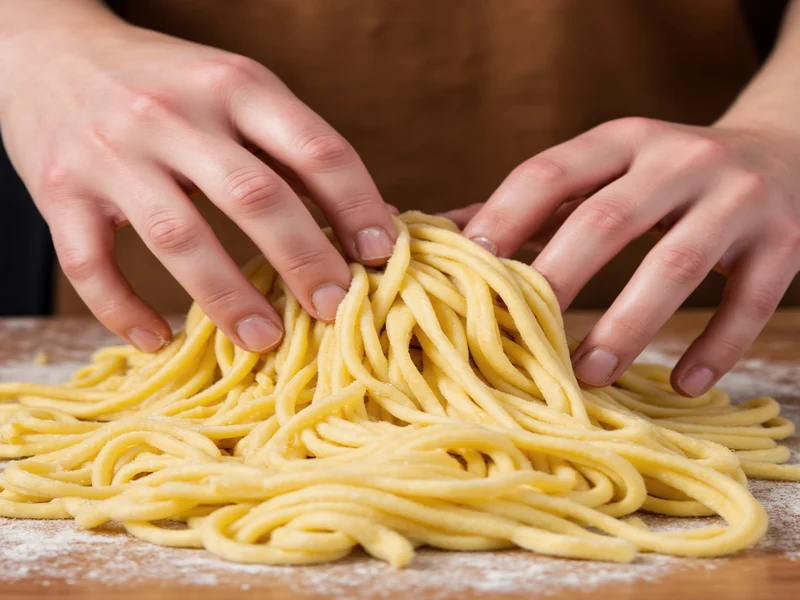 Close-up of hands kneading smooth noodle dough