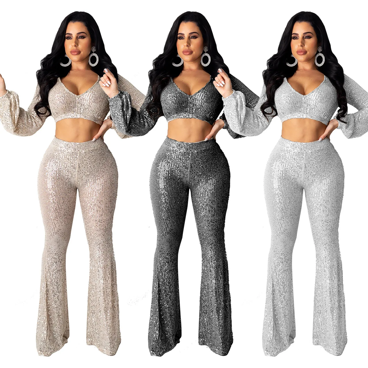 

F21167A new design sexy, long-sleeved, sequined top and bell-bottom two-piece set, Black, silver, champagne