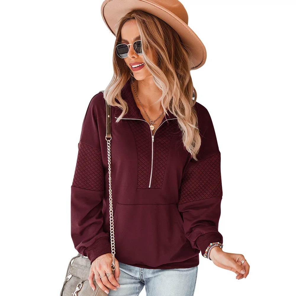 

Hot USA Long Sleeve Ladies Pocket Jackets Solid Loose Cotton Half Zipper Sweatshirts Pullover, 5 colors in stock also accept customized color
