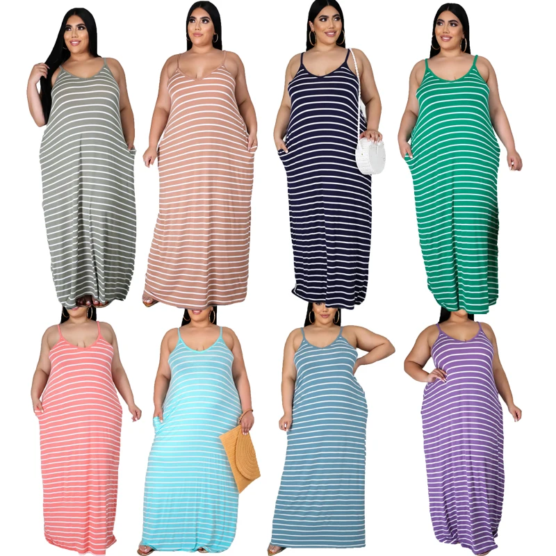 

F22055A Amazon Summer hot style Stripe 6xl Plus Size Women Dress 2021 with round neck Sleeveless Plus Size Dress Casual, Purple, green, black, sky blue, light brown, light gray, blue, pink