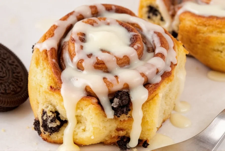 Close-up of freshly baked Oreo stuffed cinnamon rolls with melted cream cheese glaze dripping down the sides, showing the visible Oreo cookie pieces in the swirl