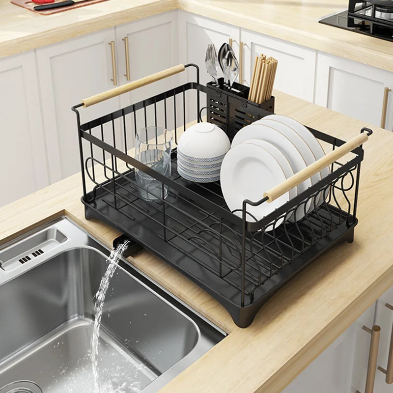 

drying dish rack kitchen shelf drainer Stainless Steel dish draining With Water Container plate rack dish storage holders, Black