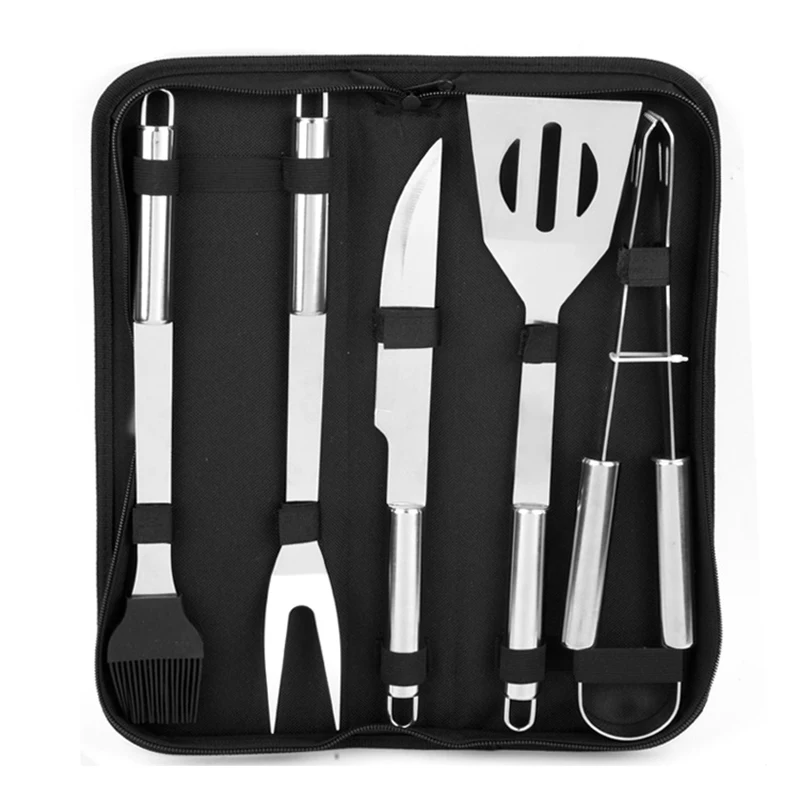 

5pcs stainless steel Barbecue tool set with Oxford Bag BBQ tools 5 pcs Household cooking ware kitchen utensil, Light grey