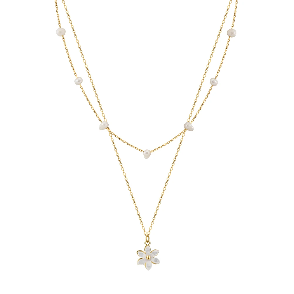 GPN73 Layered Flower Necklace Silver 14k Gold Plated Dainty Gold Choker Cultured Freshwater Pearl Layering Necklace for Women