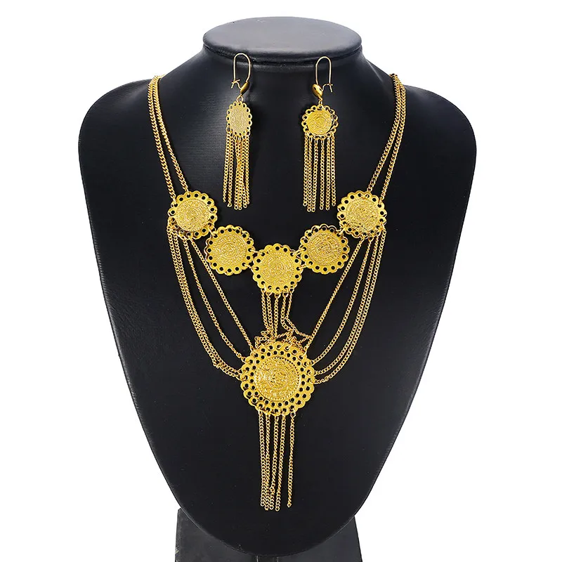 

Ethlyn Luxury Tassel Coins Gold Plated Antique Coin Earrings Necklace Middle East Ethnic Muslims Islamic Women Jewelry Sets S171