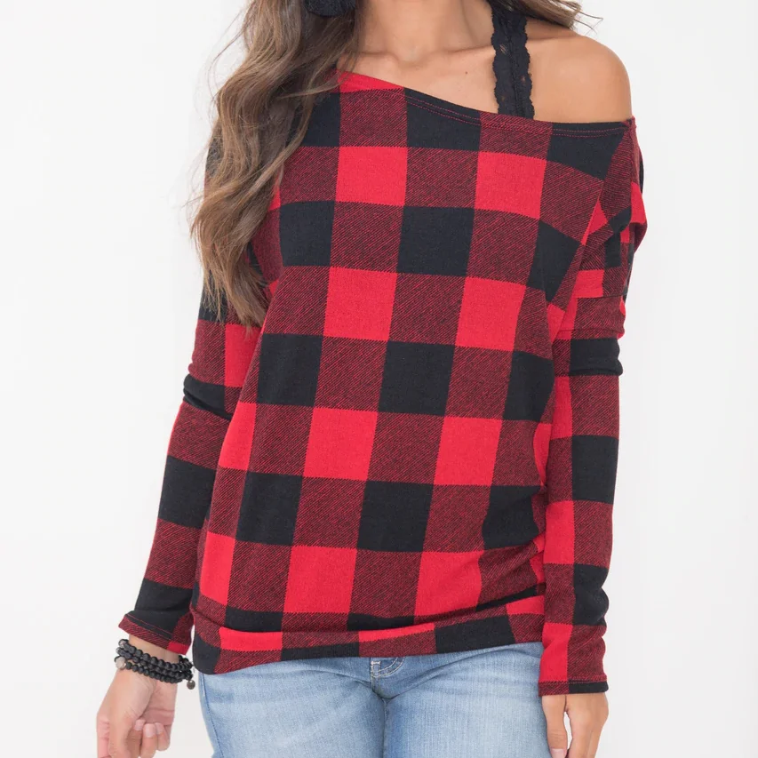 

E62 off the shoulder plaid shirt women 2019 plaid ladies shirt casual stretch plaid shirt, N/a