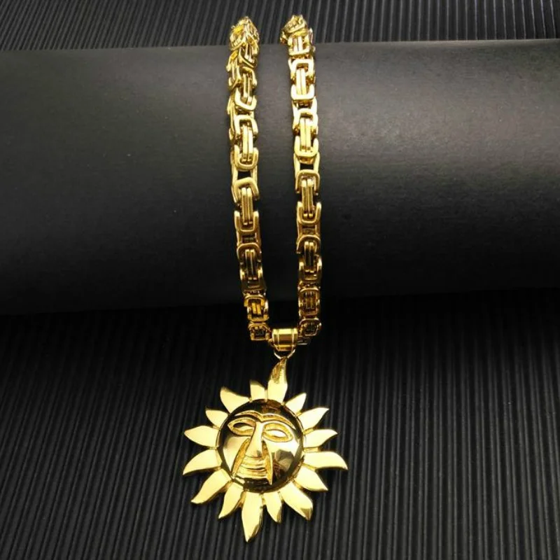

Ahappy 5mm chain band width Solid Heavy Men Women's 18k gold Tone Stainless Steel Sun Face Necklace Pendant Jewelry