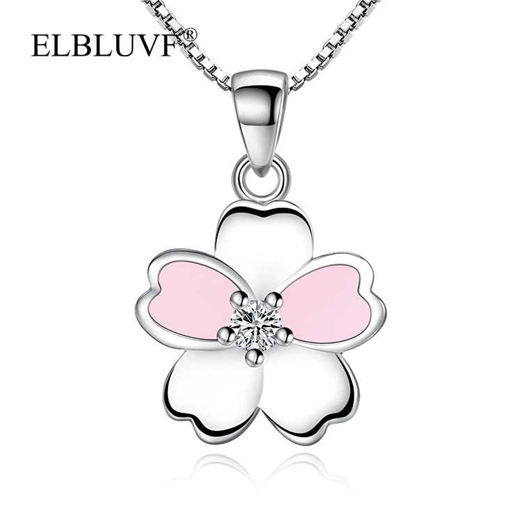 

ELBLUVF New Arrive S925 Silver Plated Pink Heart Shape Zircon Cherry Blossoms Pendant Jewelry, Steel color