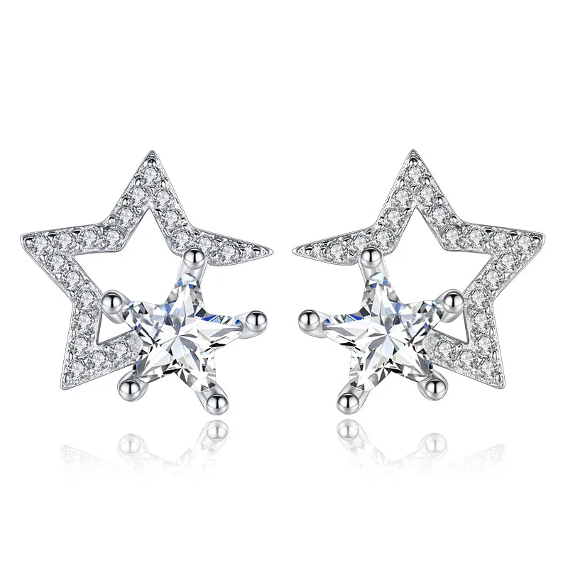 

Personalized designer silver open size five-pointed star earrings zircon crystal earrings