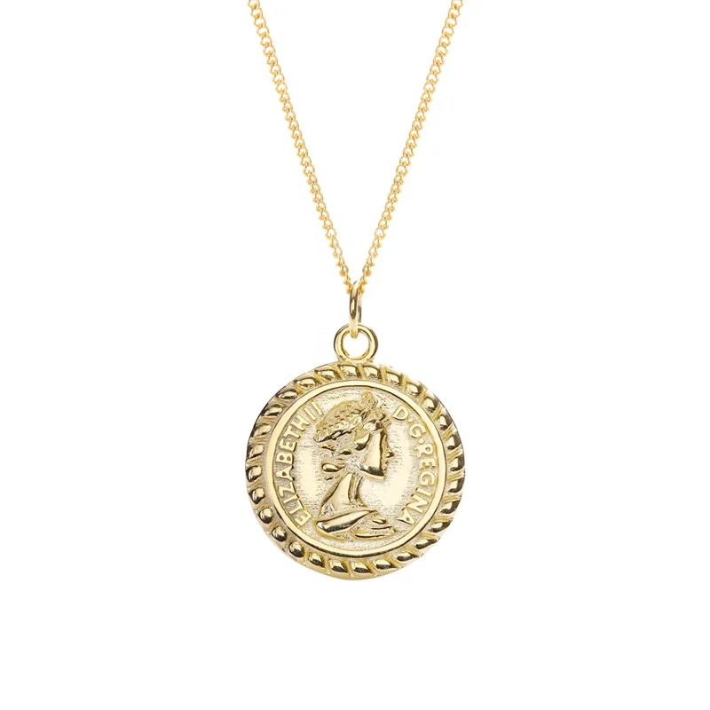 European and American style 925 sterling silver Woman portrait 18K gold plated coin pendant necklace