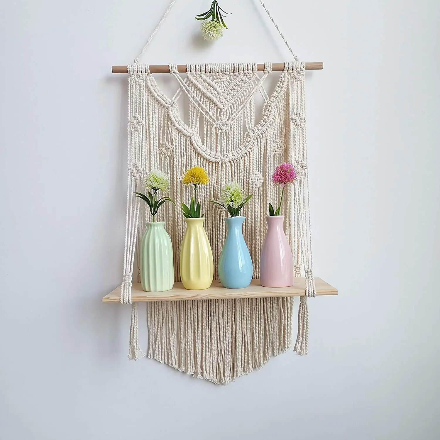 

Handmade Boho Macrame Wall Hanging Shelf for Home Decor Plant Floating Shelf Magazine Organizer, Beige