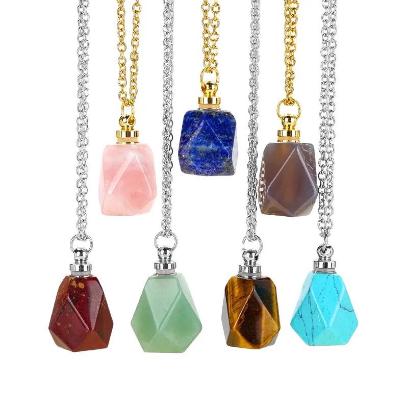 

New Arrival Polygonal Prismatic Aromatherapy Perfume Crystal Stone Bottle Stone Pendant Necklace Jewelry