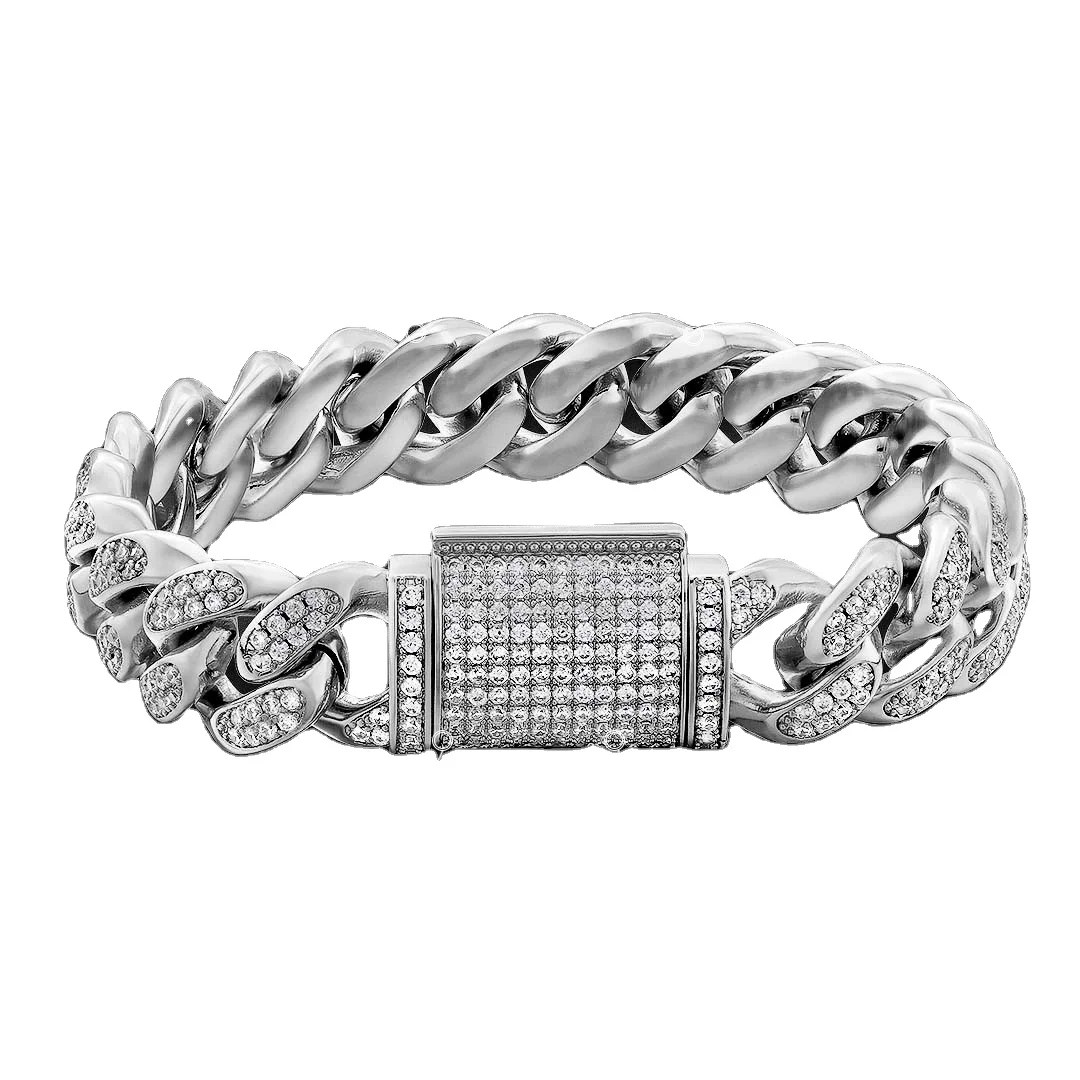 

Drop Shipping 12mm Rhodium Iced Out Bling CZ Cubic Diamond Link Chain Cuban Bracelet Box Clasp Miami Cuban Link Bracelet
