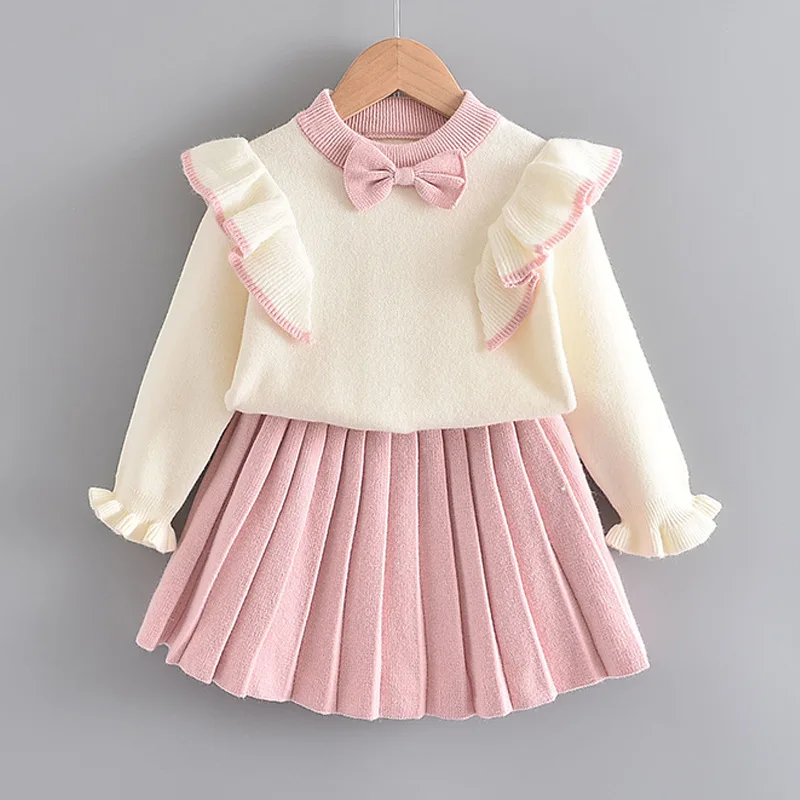 

Wholesale Winter Girls Knitted Sweater Pleated Half Skirt Two Piece Set Casual Skirt Suits Baby Girls'Latest Sweaters