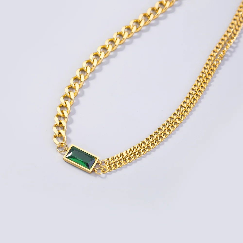 

Simple gold stainless steel emerald clavicle Necklace Choker splicing Chain Necklace