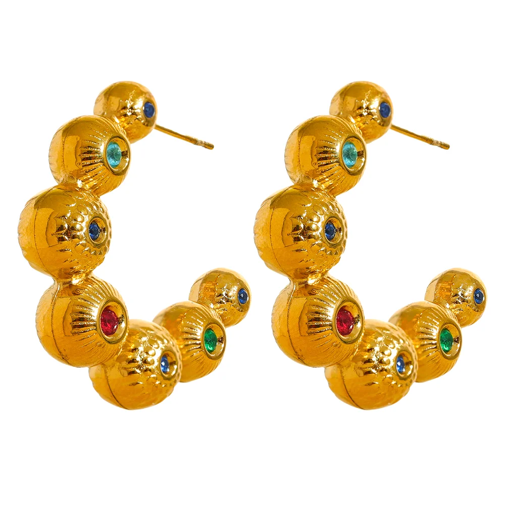 JINYOU 188  Vintage Stainless Steel Round Bead C Shape Unusual Earrings Colorful Cubic Zirconia Gold Color Saudi Arabia Jewelry